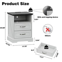 Anymaple Farmhouse Collection White 2-Drawer Nightstand with Charging Station product size dimensions, 18"W x 16"D x 24"H