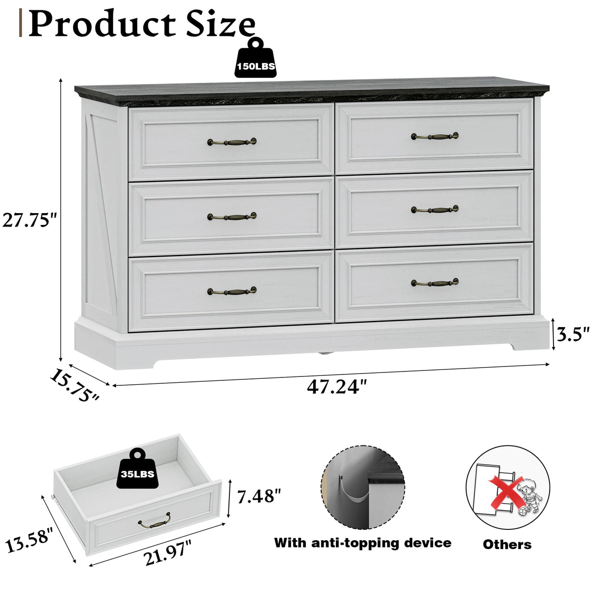 HLG038  Farmhouse 6 Drawers Dresser for Bedroom