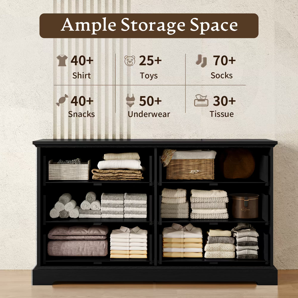 Anymaple Farmhouse Collection Black 6-Drawer Wide Dresser for Bedroom with deep storage drawers, metal handles and farmhouse bedroom style, ample storage capacity view