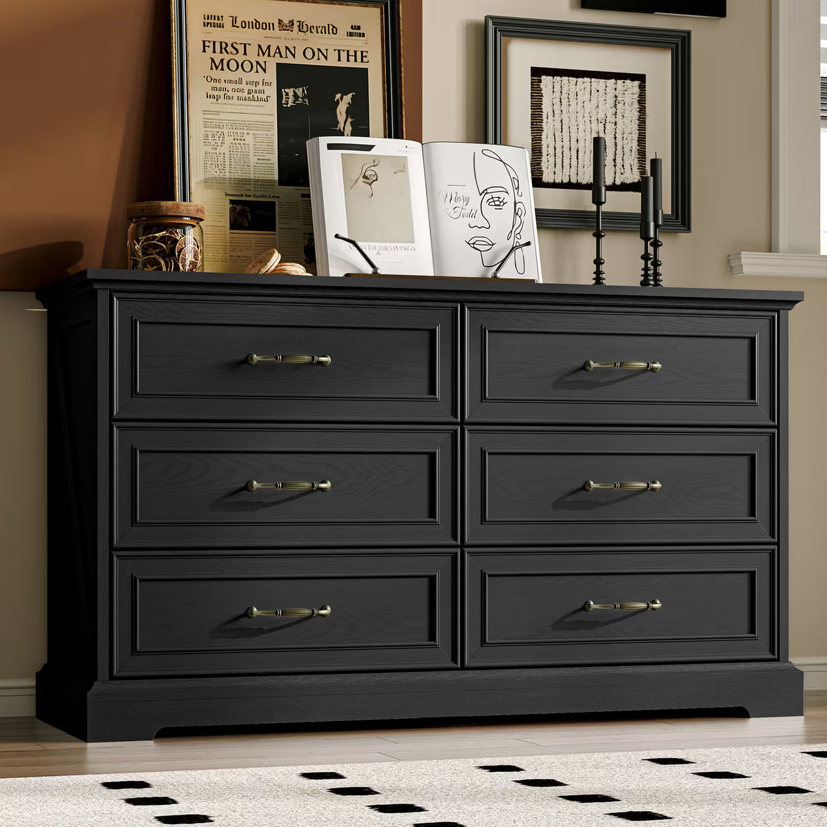 Anymaple Farmhouse Collection Black 6-Drawer Wide Dresser for Bedroom with deep storage drawers, metal handles and farmhouse bedroom style, front bedroom dresser view