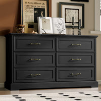 Anymaple Farmhouse Collection Black 6-Drawer Wide Dresser for Bedroom with deep storage drawers, metal handles and farmhouse bedroom style, front bedroom dresser view