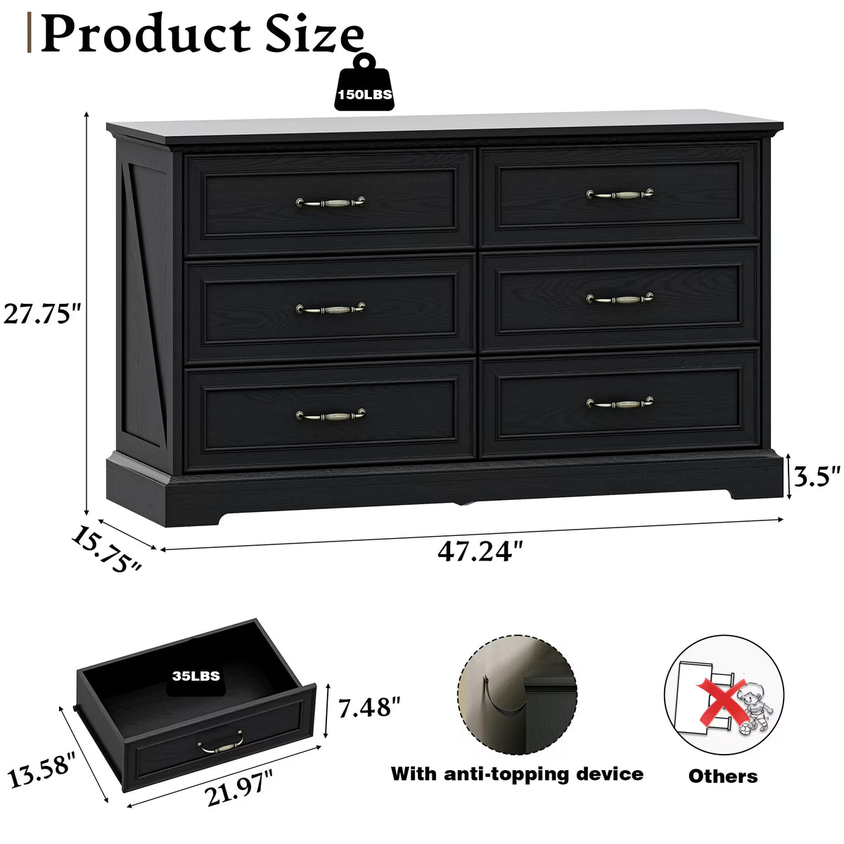 Anymaple Farmhouse Collection Black 6-Drawer Wide Dresser for Bedroom product size dimensions, 47"W x 16"D x 28"H