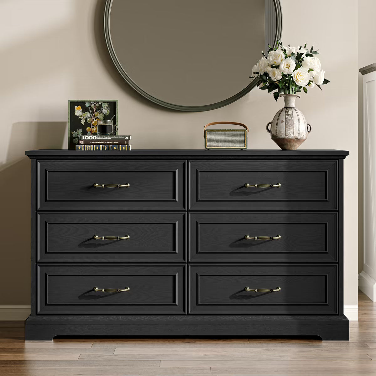 Anymaple Farmhouse Collection Black 6-Drawer Wide Dresser for Bedroom with deep storage drawers, metal handles and farmhouse bedroom style, styled bedroom room view