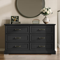 Anymaple Farmhouse Collection Black 6-Drawer Wide Dresser for Bedroom with deep storage drawers, metal handles and farmhouse bedroom style, styled bedroom room view