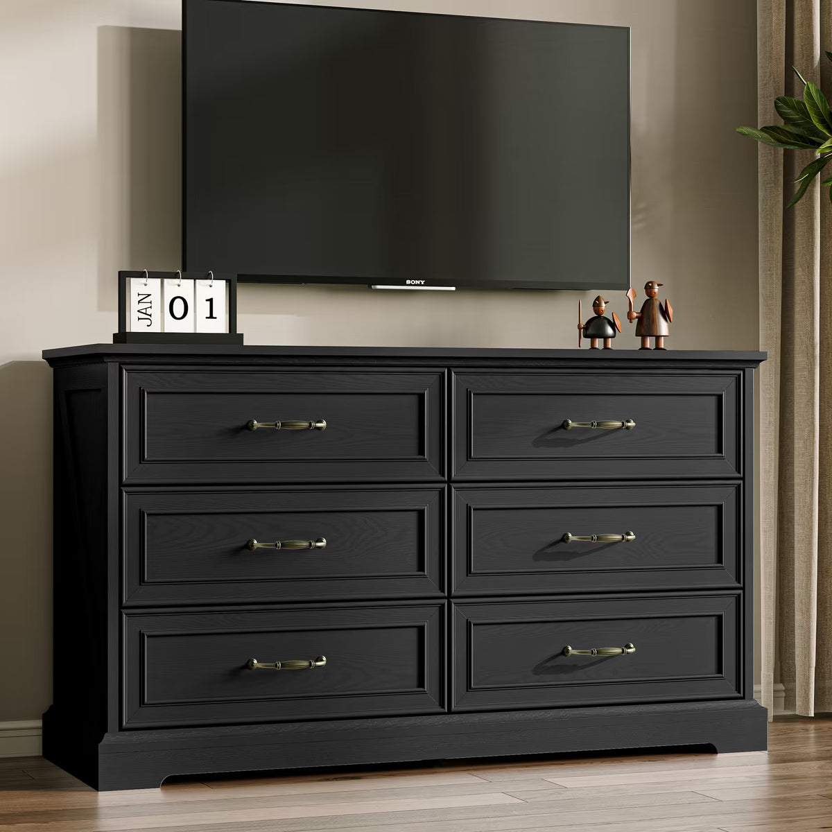 Anymaple Farmhouse Collection Black 6-Drawer Wide Dresser for Bedroom with deep storage drawers, metal handles and farmhouse bedroom style, TV stand room view