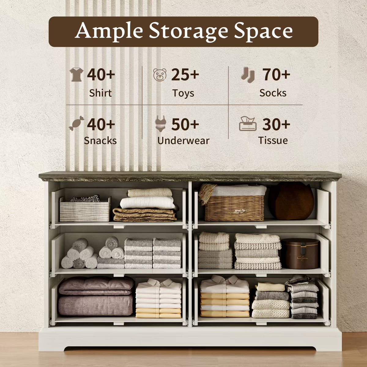 Anymaple Farmhouse Collection White 6-Drawer Wide Dresser for Bedroom with deep storage drawers, metal handles and farmhouse bedroom style, ample storage capacity view