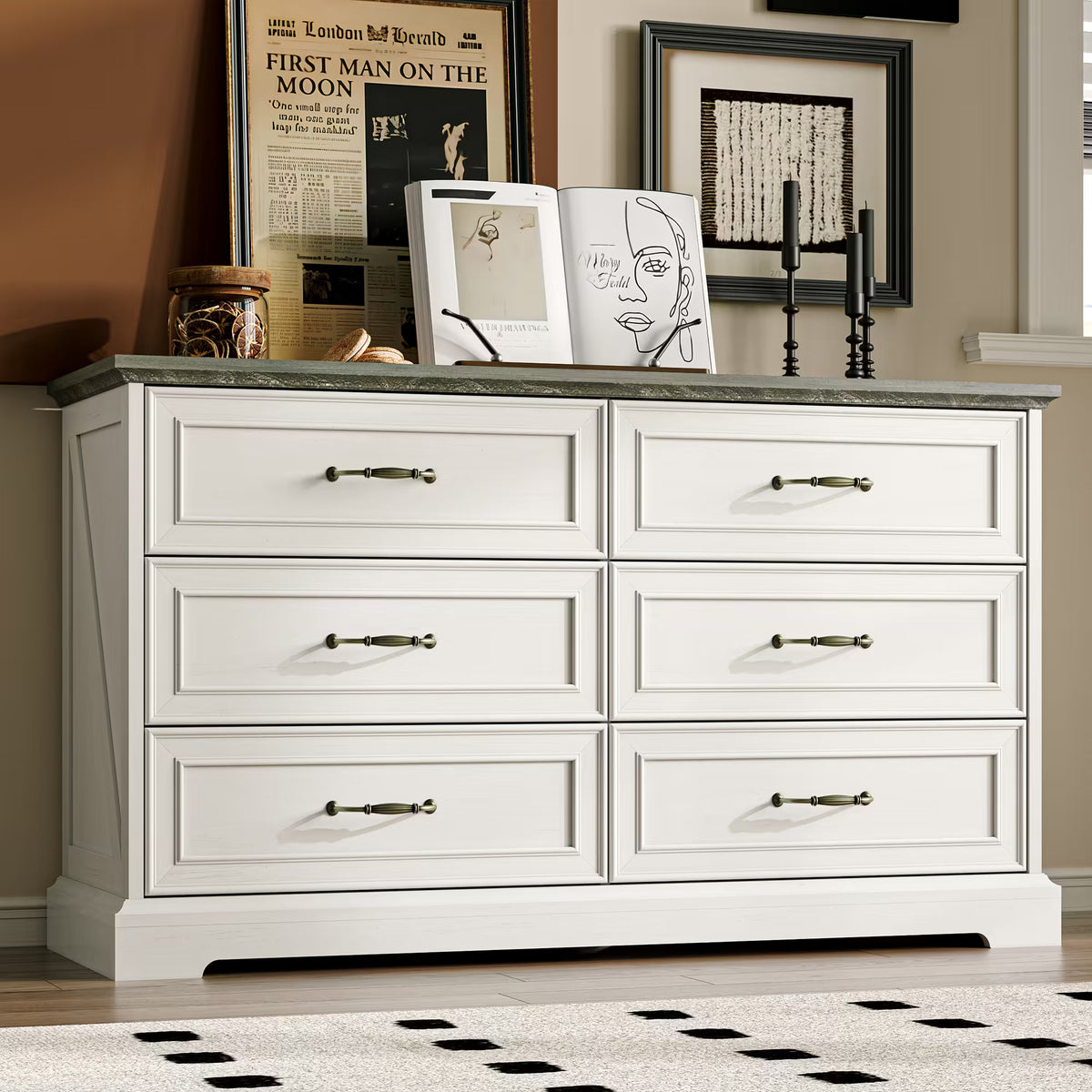 Anymaple Farmhouse Collection White 6-Drawer Wide Dresser for Bedroom with deep storage drawers, metal handles and farmhouse bedroom style, front bedroom dresser view