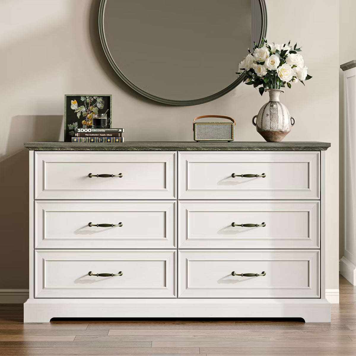 Anymaple Farmhouse Collection White 6-Drawer Wide Dresser for Bedroom with deep storage drawers, metal handles and farmhouse bedroom style, styled bedroom room view