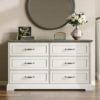 Anymaple Farmhouse Collection White 6-Drawer Wide Dresser for Bedroom with deep storage drawers, metal handles and farmhouse bedroom style, styled bedroom room view