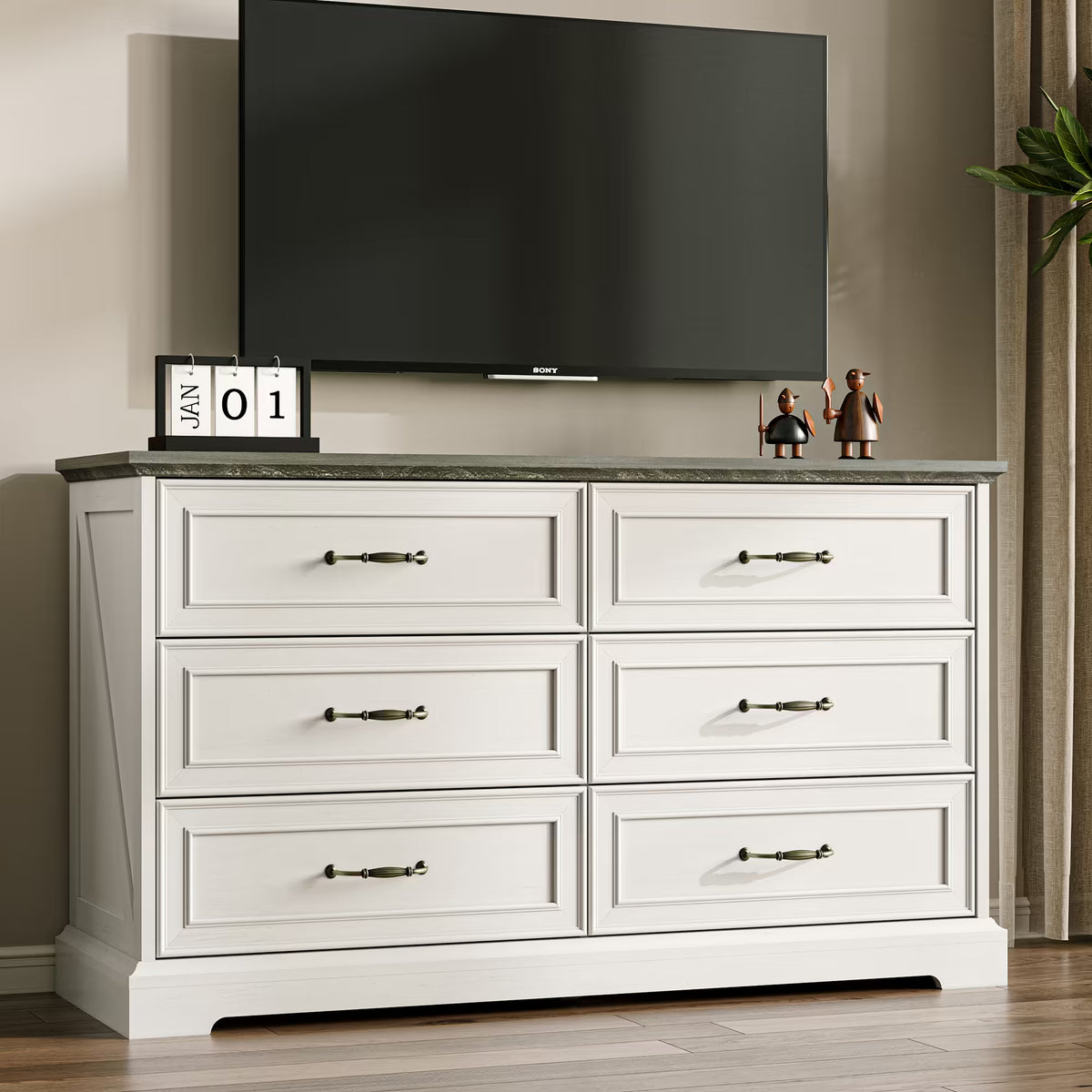 Anymaple Farmhouse Collection White 6-Drawer Wide Dresser for Bedroom with deep storage drawers, metal handles and farmhouse bedroom style, TV stand room view