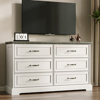 Anymaple Farmhouse Collection White 6-Drawer Wide Dresser for Bedroom with deep storage drawers, metal handles and farmhouse bedroom style, TV stand room view