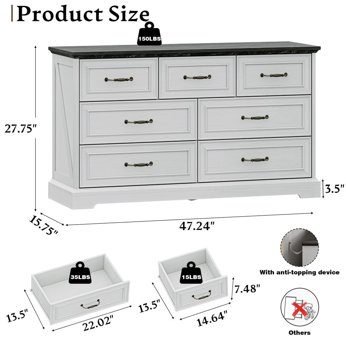 HLG039  Farmhouse 7 Drawers Dresser for Bedroom