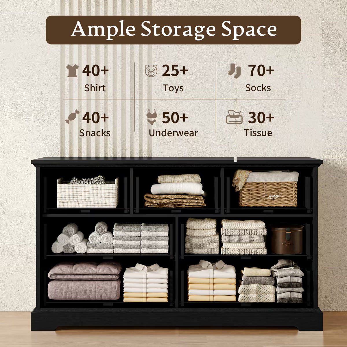 Anymaple Farmhouse Collection Black 7-Drawer Wide Dresser for Bedroom with deep storage drawers, metal handles and farmhouse bedroom style, ample storage capacity view