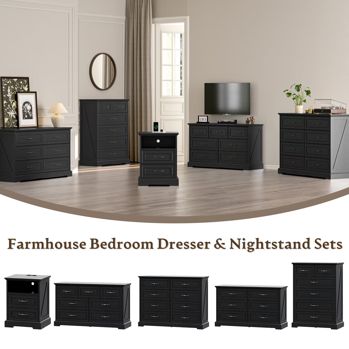 Anymaple Farmhouse Collection Black 7-Drawer Wide Dresser for Bedroom with deep storage drawers, metal handles and farmhouse bedroom style, farmhouse bedroom set view