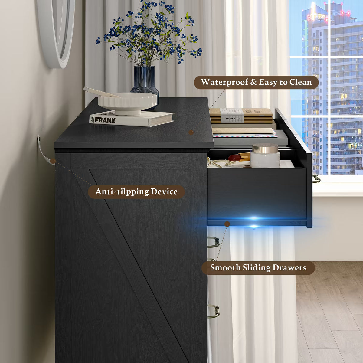 Anymaple Farmhouse Collection Black 7-Drawer Wide Dresser for Bedroom with deep storage drawers, metal handles and farmhouse bedroom style, smooth drawer and anti-slip detail