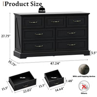 Anymaple Farmhouse Collection Black 7-Drawer Wide Dresser for Bedroom product size dimensions, 47"W x 16"D x 28"H