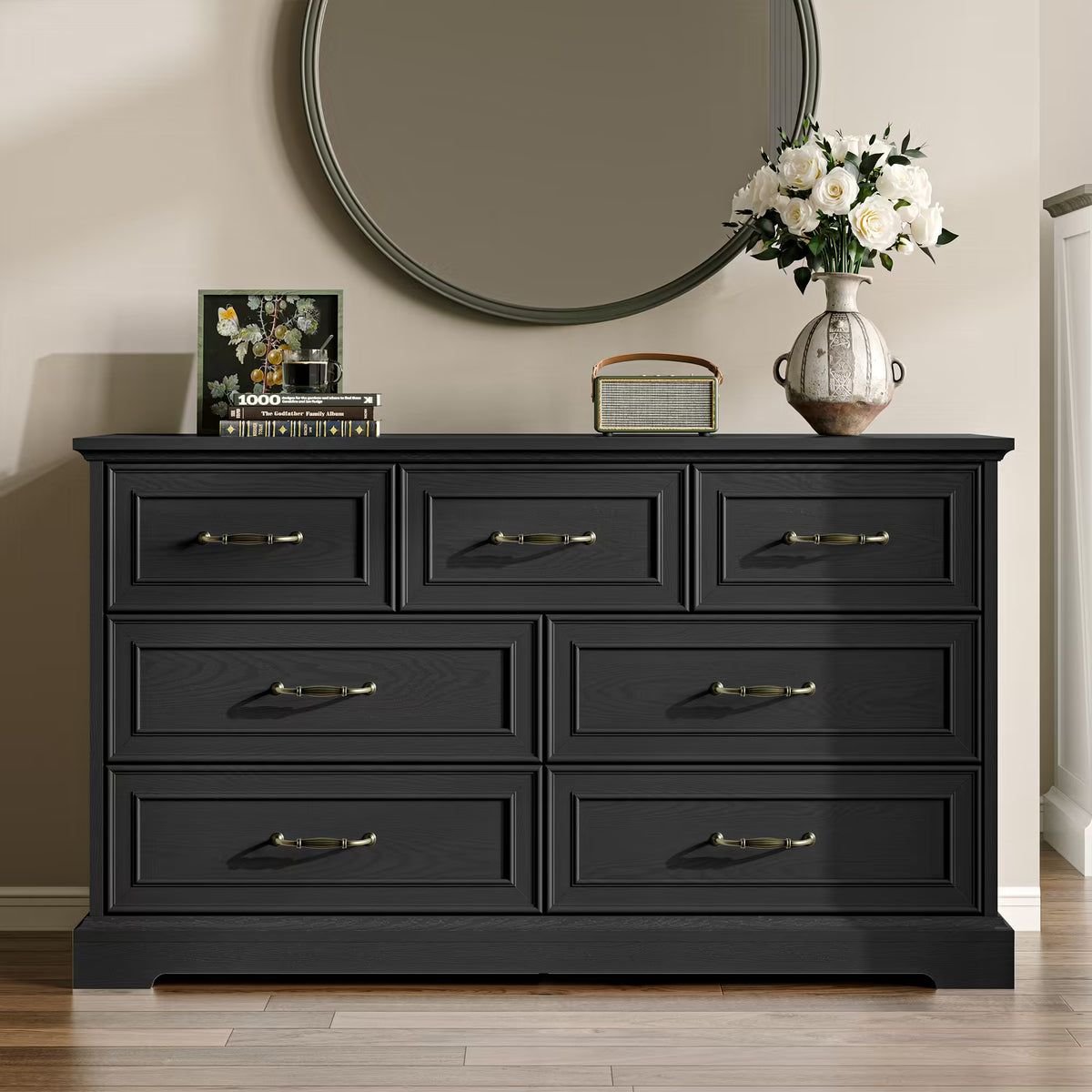 Anymaple Farmhouse Collection Black 7-Drawer Wide Dresser for Bedroom with deep storage drawers, metal handles and farmhouse bedroom style, styled bedroom room view