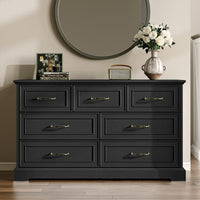 Anymaple Farmhouse Collection Black 7-Drawer Wide Dresser for Bedroom with deep storage drawers, metal handles and farmhouse bedroom style, styled bedroom room view