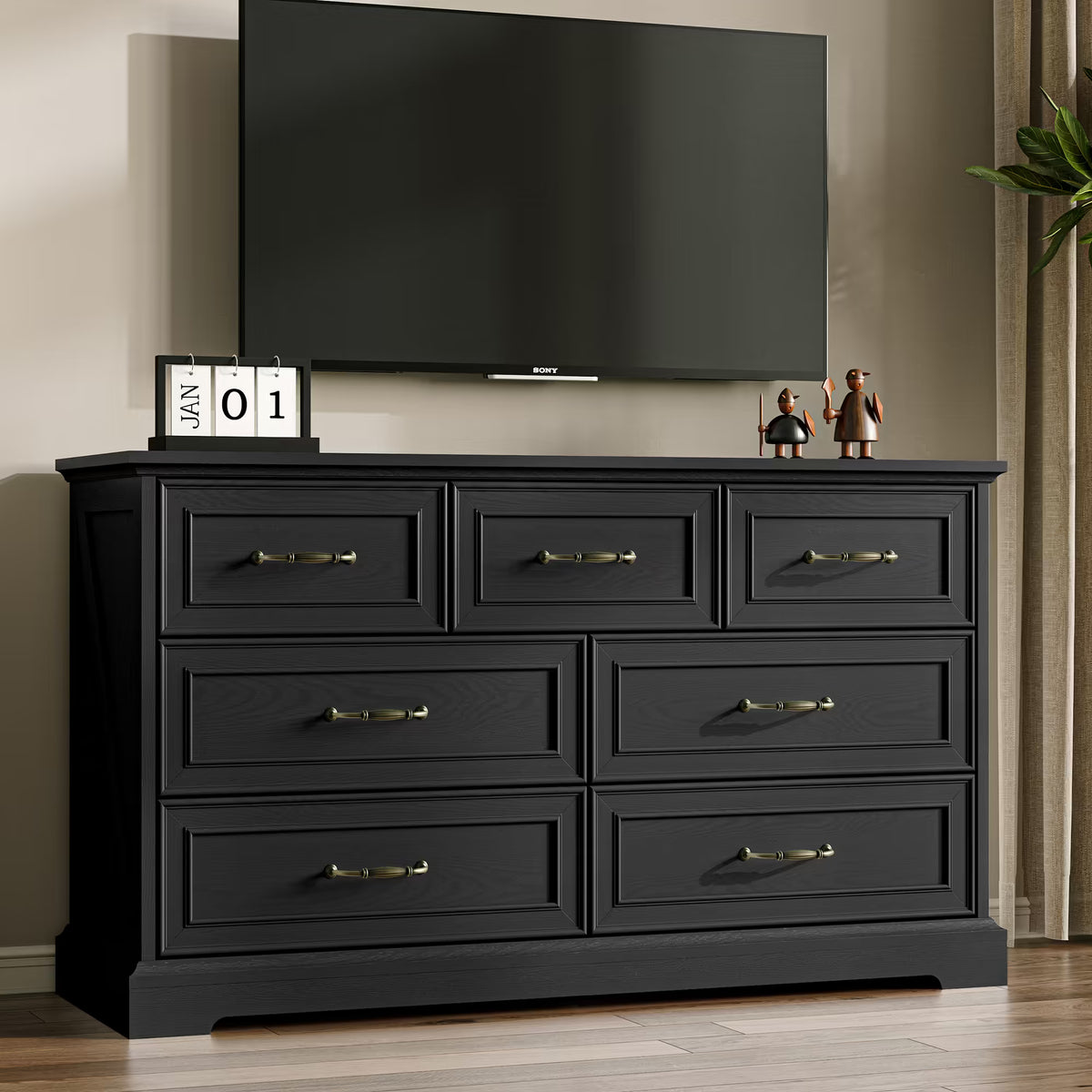 Anymaple Farmhouse Collection Black 7-Drawer Wide Dresser for Bedroom with deep storage drawers, metal handles and farmhouse bedroom style, TV stand room view