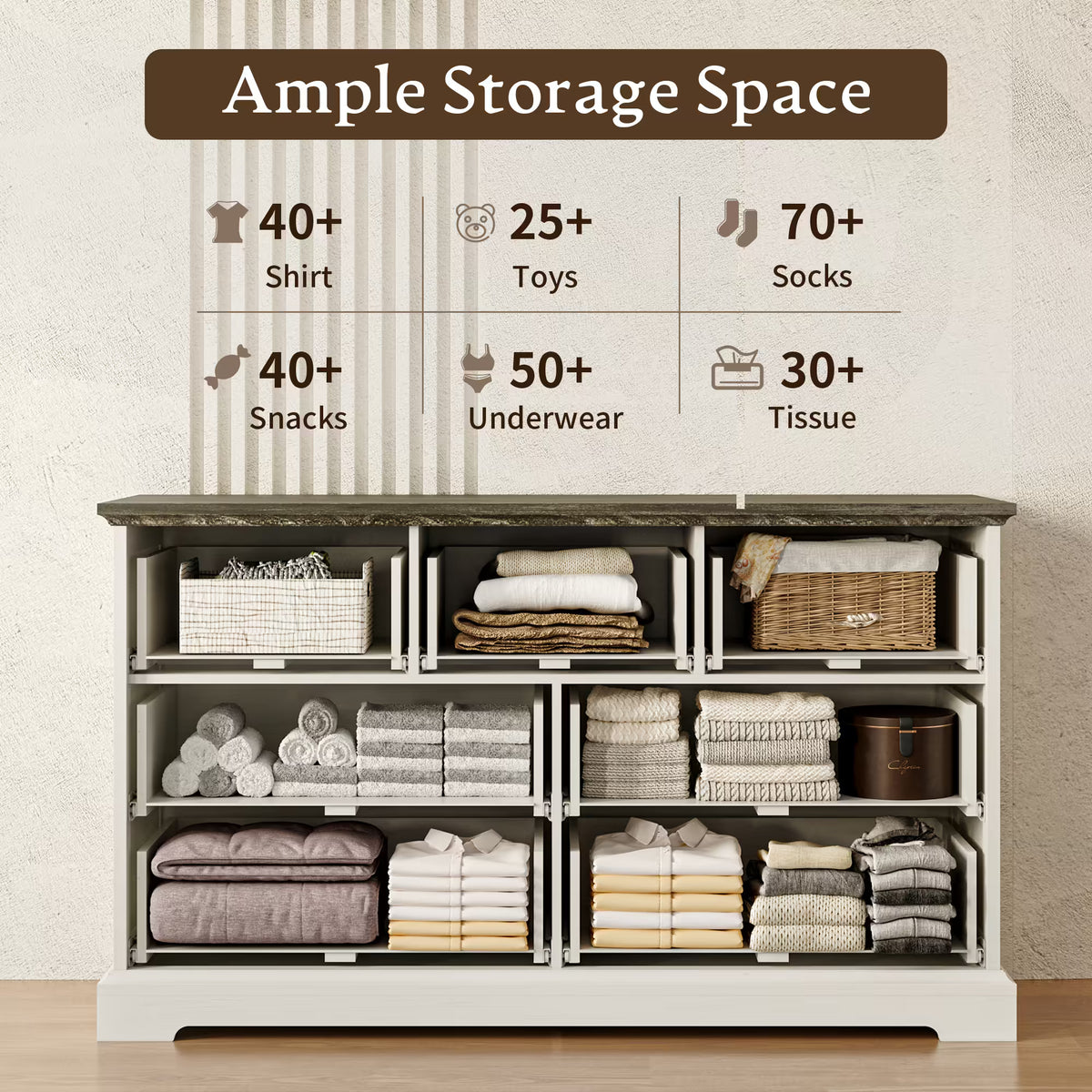 Anymaple Farmhouse Collection White 7-Drawer Wide Dresser for Bedroom with deep storage drawers, metal handles and farmhouse bedroom style, ample storage capacity view