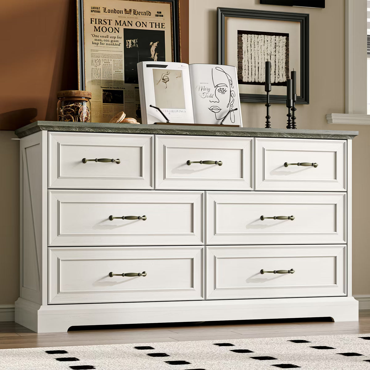 Anymaple Farmhouse Collection White 7-Drawer Wide Dresser for Bedroom with deep storage drawers, metal handles and farmhouse bedroom style, front bedroom dresser view