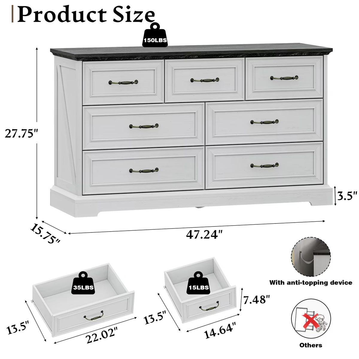 Anymaple Farmhouse Collection White 7-Drawer Wide Dresser for Bedroom product size dimensions, 47"W x 16"D x 28"H