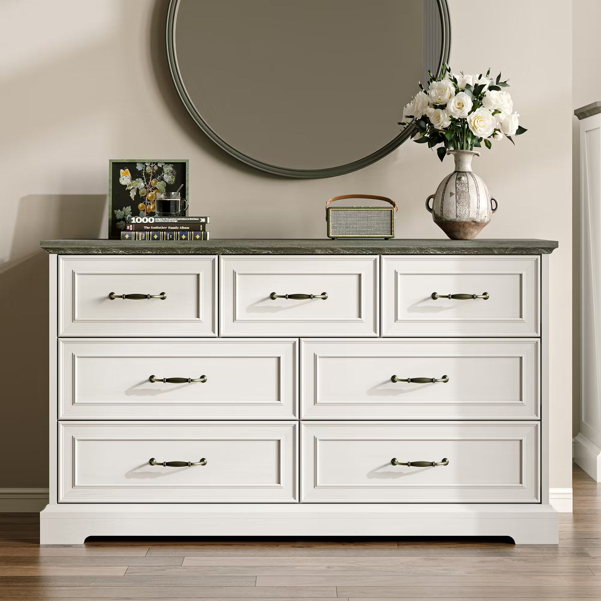 Anymaple Farmhouse Collection White 7-Drawer Wide Dresser for Bedroom with deep storage drawers, metal handles and farmhouse bedroom style, styled bedroom room view