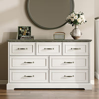 Anymaple Farmhouse Collection White 7-Drawer Wide Dresser for Bedroom with deep storage drawers, metal handles and farmhouse bedroom style, styled bedroom room view