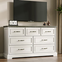 Anymaple Farmhouse Collection White 7-Drawer Wide Dresser for Bedroom with deep storage drawers, metal handles and farmhouse bedroom style, TV stand room view