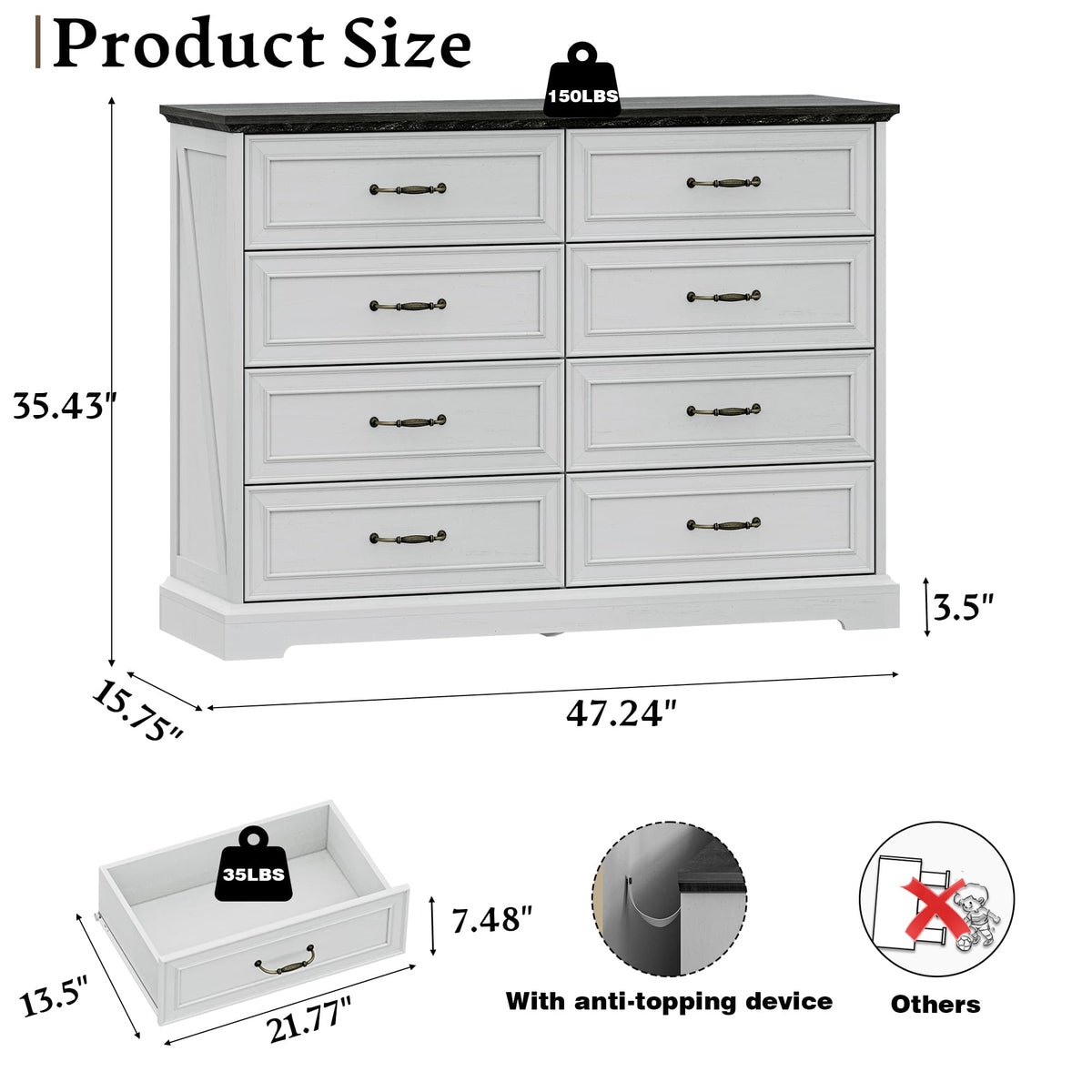 HLG040  Farmhouse 7 Drawers Dresser for Bedroom