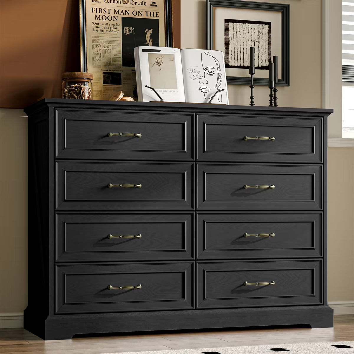 Anymaple Farmhouse Collection Black 8-Drawer Tall Dresser for Bedroom with deep storage drawers, metal handles and farmhouse bedroom style, front bedroom dresser view