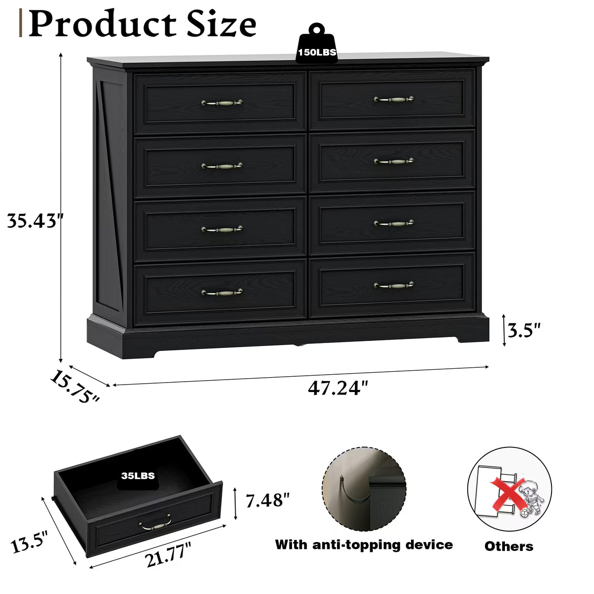 Anymaple Farmhouse Collection Black 8-Drawer Tall Dresser for Bedroom product size dimensions, 47"W x 16"D x 35"H