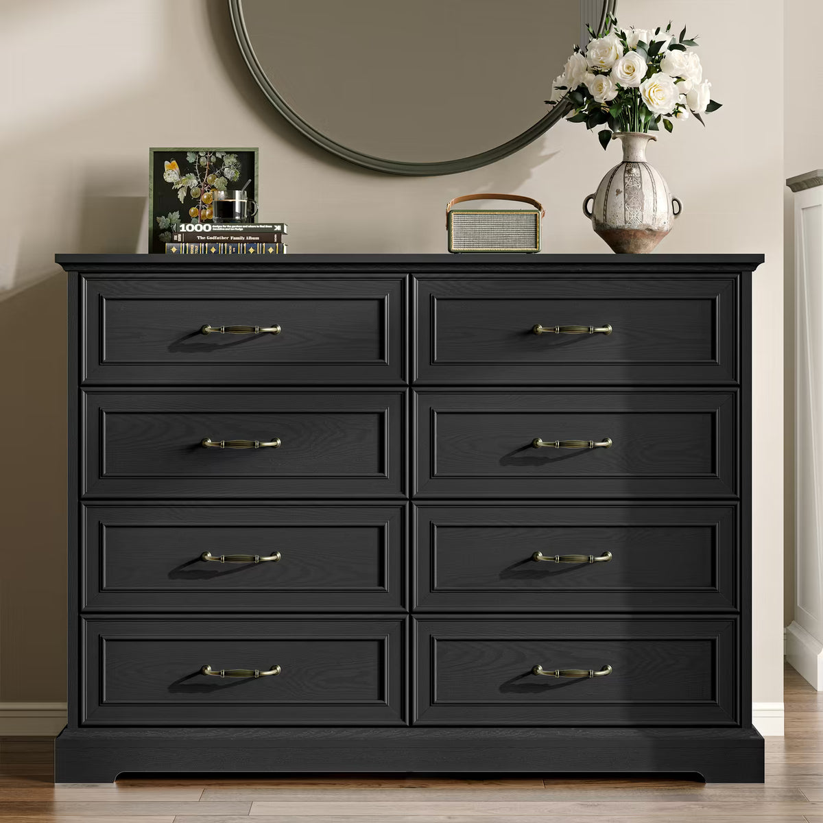 Anymaple Farmhouse Collection Black 8-Drawer Tall Dresser for Bedroom with deep storage drawers, metal handles and farmhouse bedroom style, styled bedroom room view