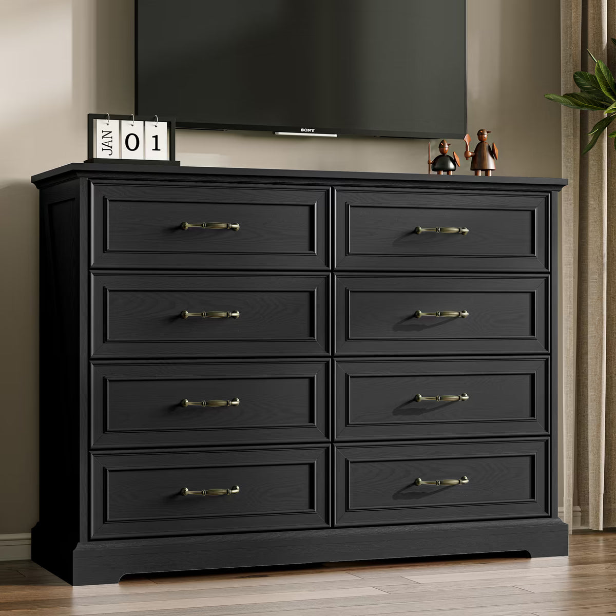 Anymaple Farmhouse Collection Black 8-Drawer Tall Dresser for Bedroom with deep storage drawers, metal handles and farmhouse bedroom style, TV stand room view
