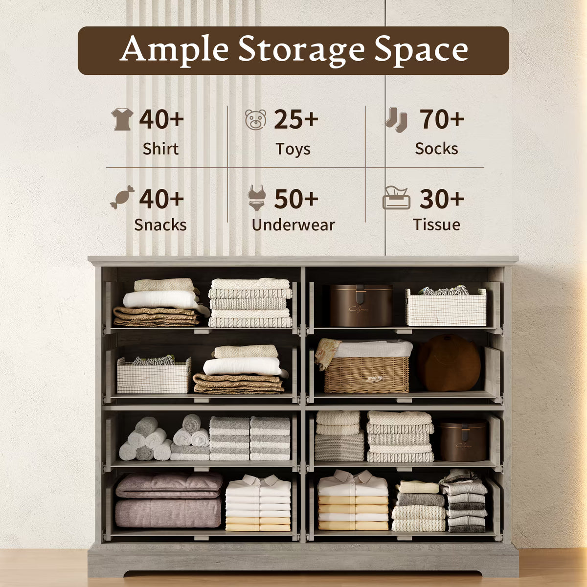 Anymaple Farmhouse Collection Gray Oak 8-Drawer Tall Dresser for Bedroom with deep storage drawers, metal handles and farmhouse bedroom style, ample storage capacity view