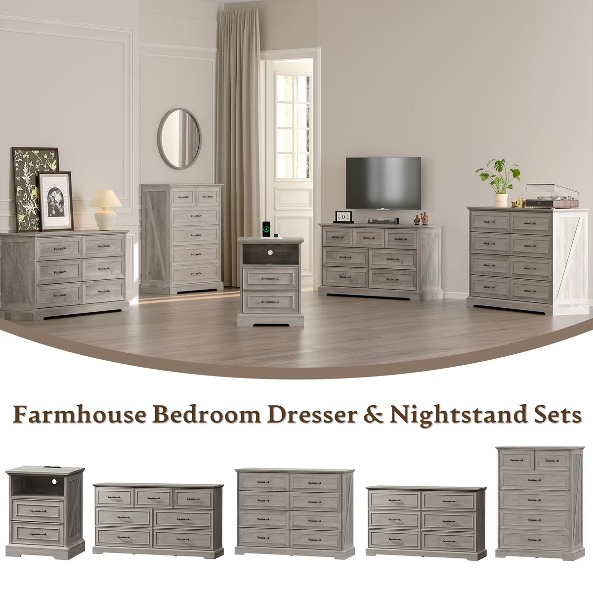 Anymaple Farmhouse Collection Gray Oak 8-Drawer Tall Dresser for Bedroom with deep storage drawers, metal handles and farmhouse bedroom style, farmhouse bedroom set view
