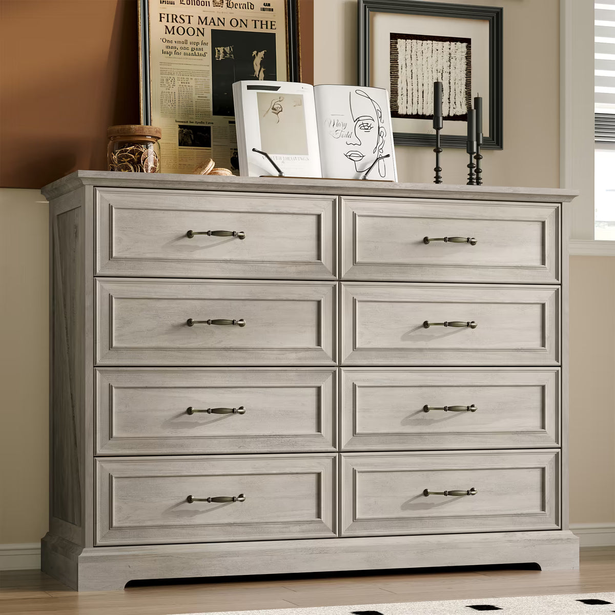 Anymaple Farmhouse Collection Gray Oak 8-Drawer Tall Dresser for Bedroom with deep storage drawers, metal handles and farmhouse bedroom style, front bedroom dresser view