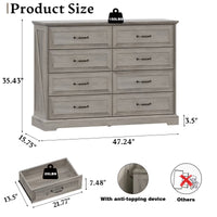 Anymaple Farmhouse Collection Gray Oak 8-Drawer Tall Dresser for Bedroom product size dimensions, 47"W x 16"D x 35"H
