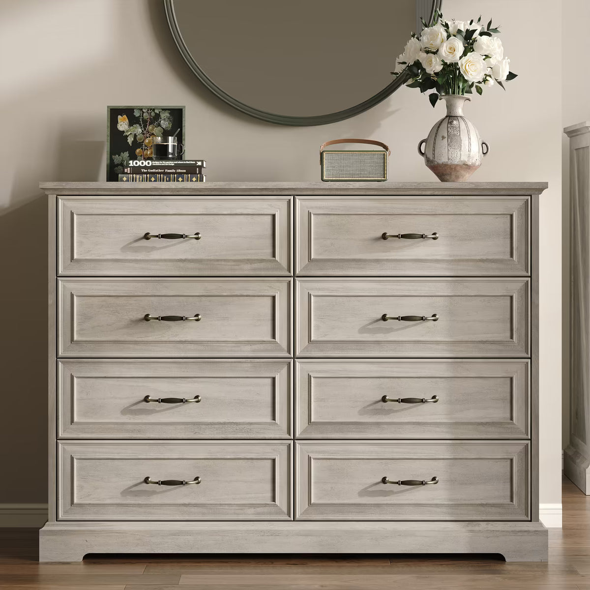 Anymaple Farmhouse Collection Gray Oak 8-Drawer Tall Dresser for Bedroom with deep storage drawers, metal handles and farmhouse bedroom style, styled bedroom room view
