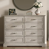 Anymaple Farmhouse Collection Gray Oak 8-Drawer Tall Dresser for Bedroom with deep storage drawers, metal handles and farmhouse bedroom style, styled bedroom room view