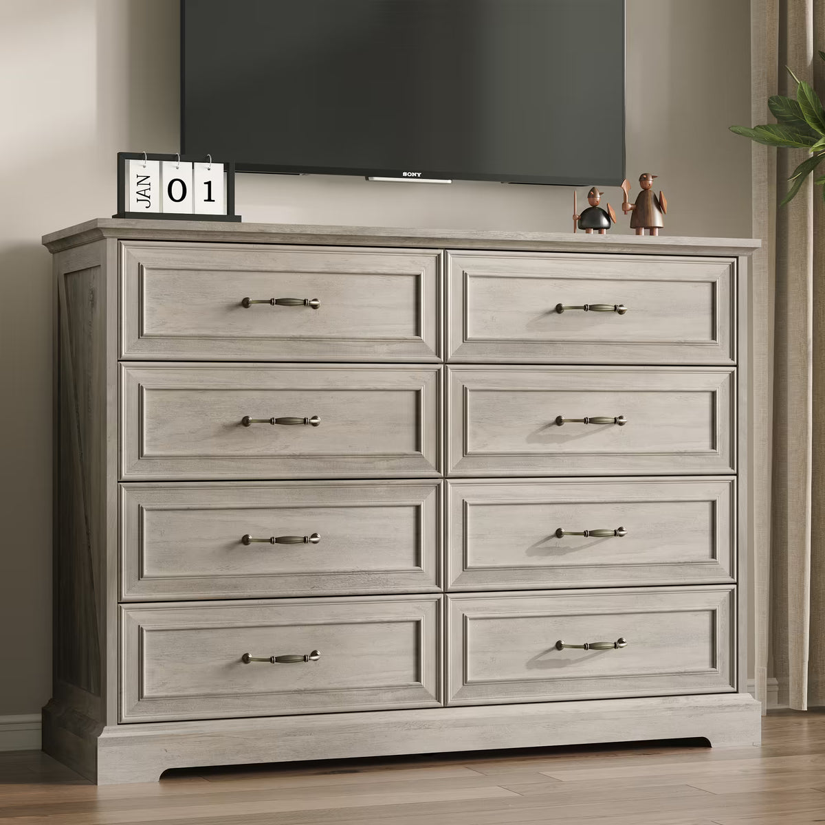 Anymaple Farmhouse Collection Gray Oak 8-Drawer Tall Dresser for Bedroom with deep storage drawers, metal handles and farmhouse bedroom style, TV stand room view