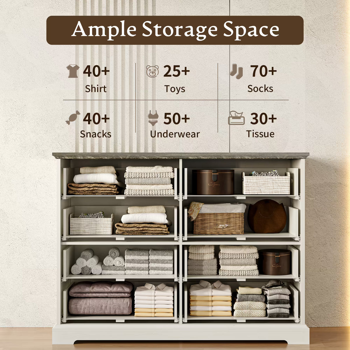 Anymaple Farmhouse Collection White 8-Drawer Tall Dresser for Bedroom with deep storage drawers, metal handles and farmhouse bedroom style, ample storage capacity view