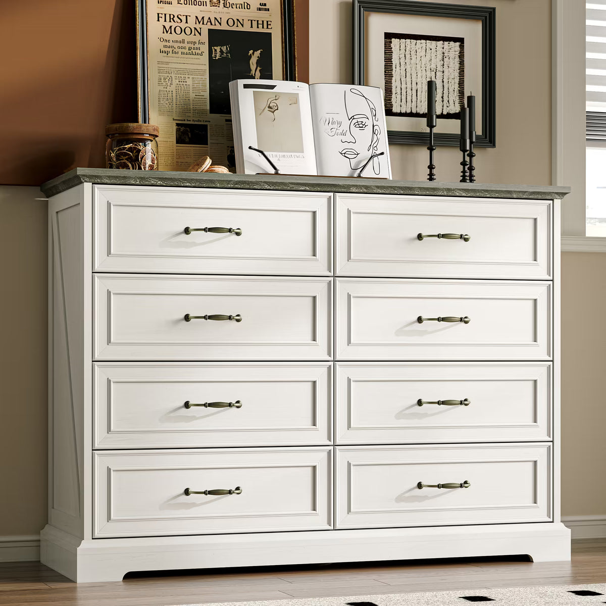 Anymaple Farmhouse Collection White 8-Drawer Tall Dresser for Bedroom with deep storage drawers, metal handles and farmhouse bedroom style, front bedroom dresser view