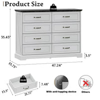Anymaple Farmhouse Collection White 8-Drawer Tall Dresser for Bedroom product size dimensions, 47"W x 16"D x 35"H