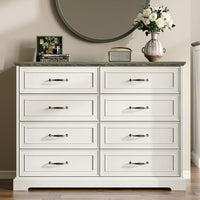 Anymaple Farmhouse Collection White 8-Drawer Tall Dresser for Bedroom with deep storage drawers, metal handles and farmhouse bedroom style, styled bedroom room view