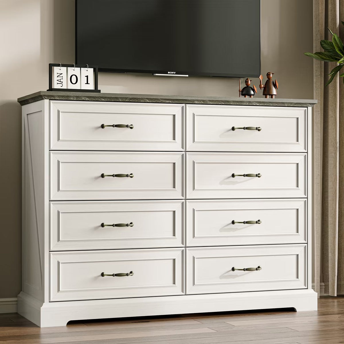 Anymaple Farmhouse Collection White 8-Drawer Tall Dresser for Bedroom with deep storage drawers, metal handles and farmhouse bedroom style, TV stand room view