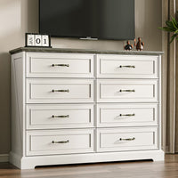 Anymaple Farmhouse Collection White 8-Drawer Tall Dresser for Bedroom with deep storage drawers, metal handles and farmhouse bedroom style, TV stand room view