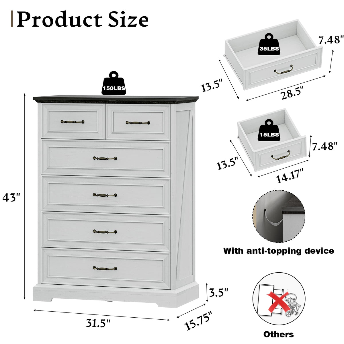 HLG041  Farmhouse 6 Drawers Dresser for Bedroom