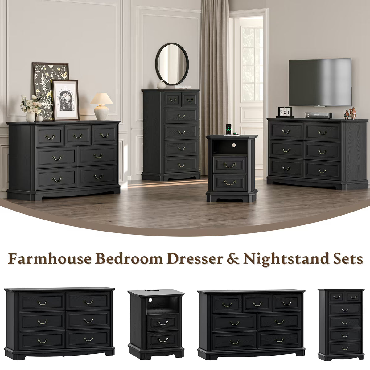 Anymaple Farmhouse Collection Black 6-Drawer Tall Dresser for Bedroom with deep storage drawers, metal handles and farmhouse bedroom style, farmhouse bedroom set view