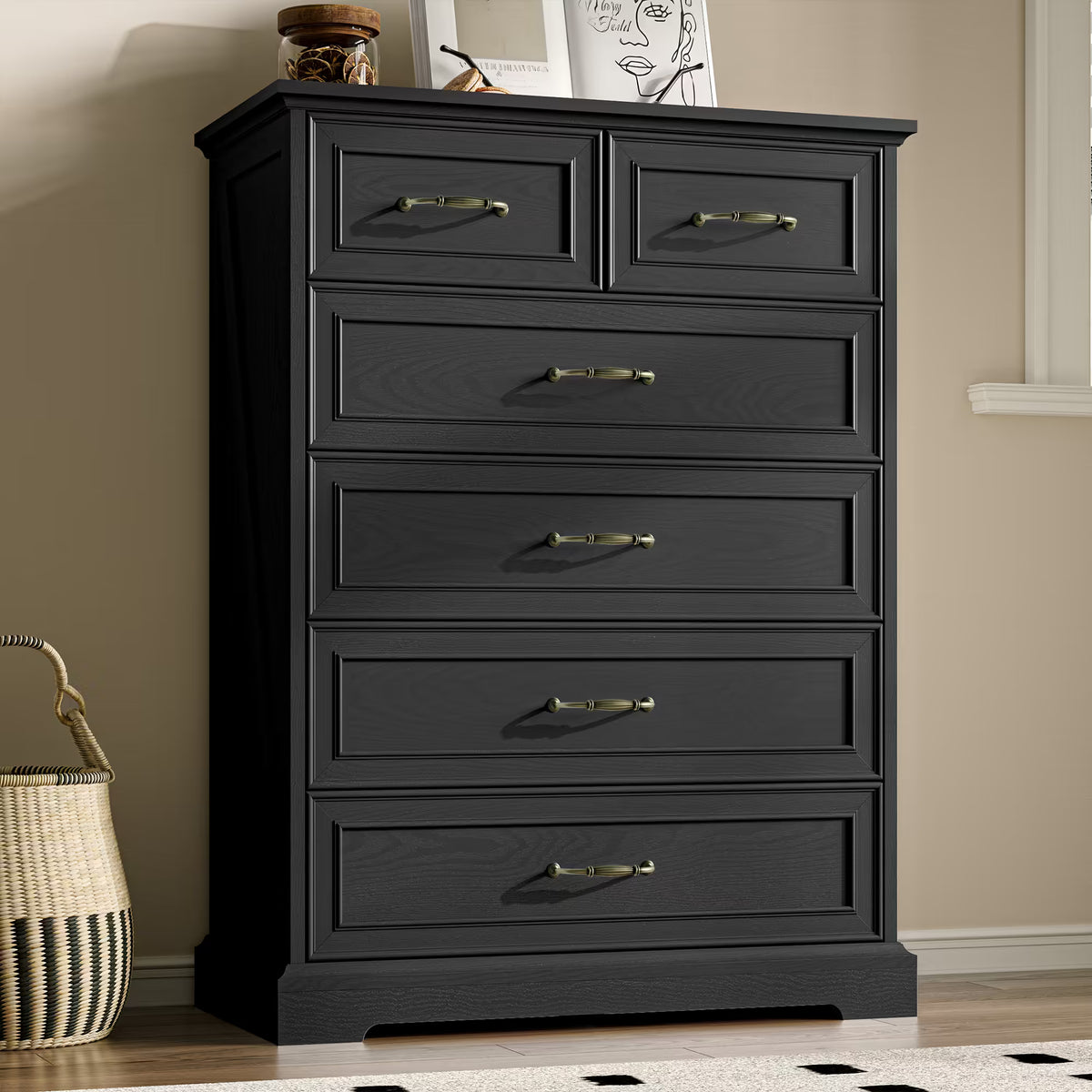 Anymaple Farmhouse Collection Black 6-Drawer Tall Dresser for Bedroom with deep storage drawers, metal handles and farmhouse bedroom style, front bedroom dresser view